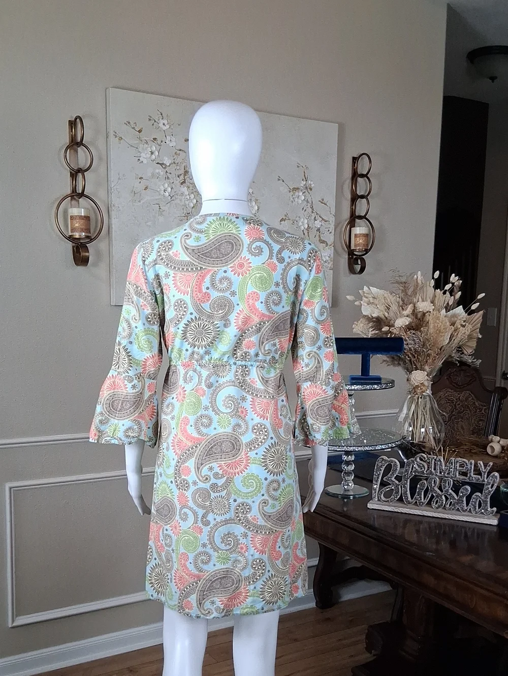 Women's Boho Linen Paisley Print Summer Dress  Multicolor Coverup Medium - Picture 6 of 17